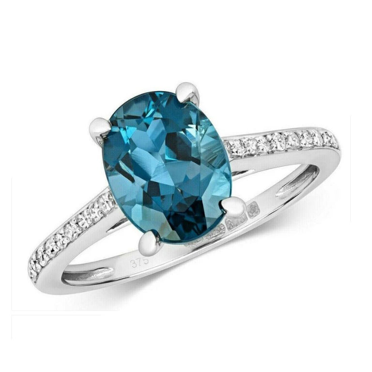 Real London Blue Topaz and Diamond Ring Solid White Gold Solitaire Size JKLMNOPQ