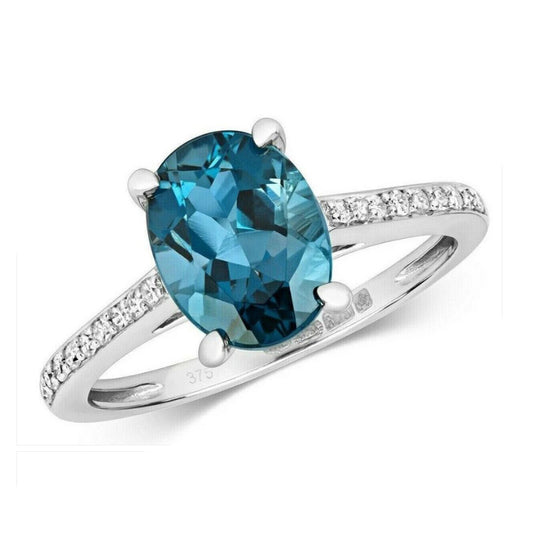 Real London Blue Topaz and Diamond Ring Solid White Gold Solitaire Size JKLMNOPQ