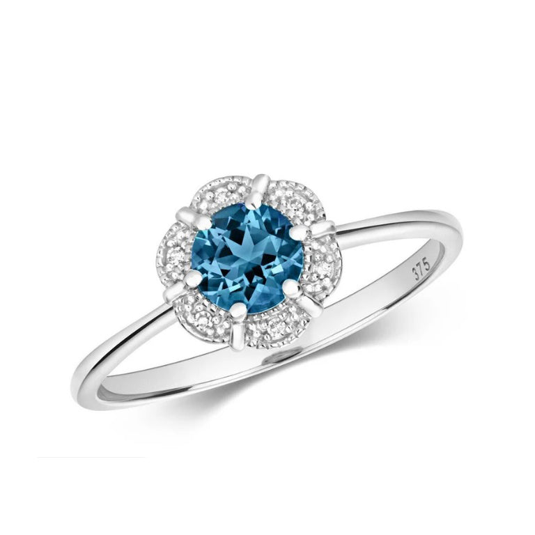 Real London Blue Topaz and Diamond Ring Solid White Gold Round Cluster Size J-Q