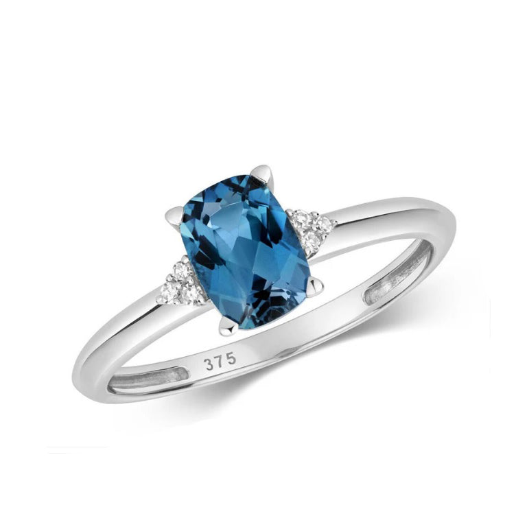 Real London Blue Topaz and Diamond Ring Solid White Gold Solitaire Size J - Q