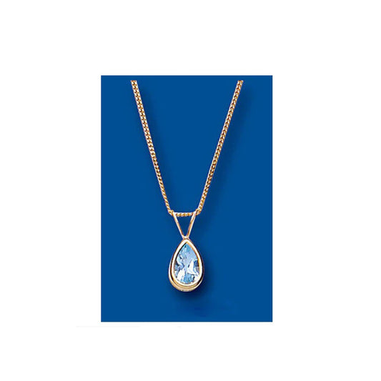 Blue Topaz Necklace Yellow Gold Pear Solitaire 18" Chain Hallmarked British