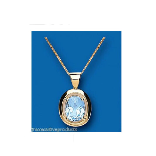 Blue Topaz Solitaire Pendant Yellow Gold 18" Chain Hallmarked British Made