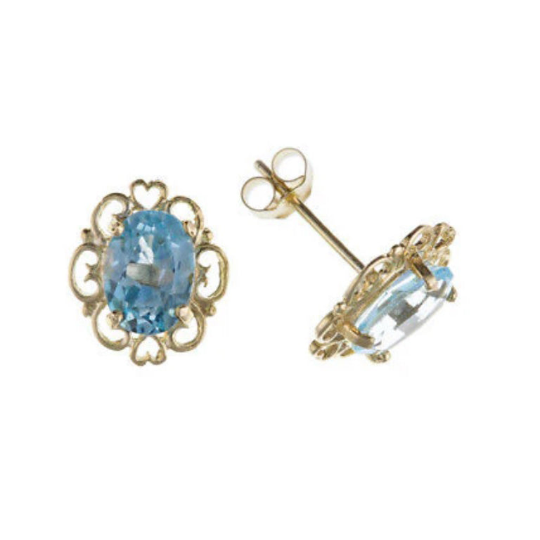 9ct Gold Blue Topaz Earrings Yellow Gold Oval Solitaire November Birthstone