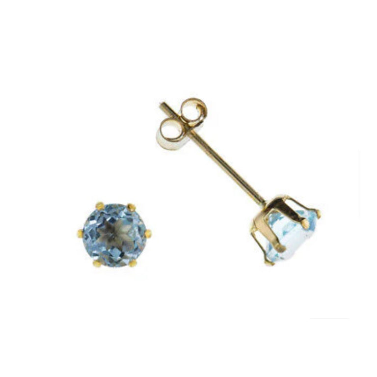 9ct Gold Blue Topaz Stud Earrings 4mm Solitaire Yellow Gold November Birthstone