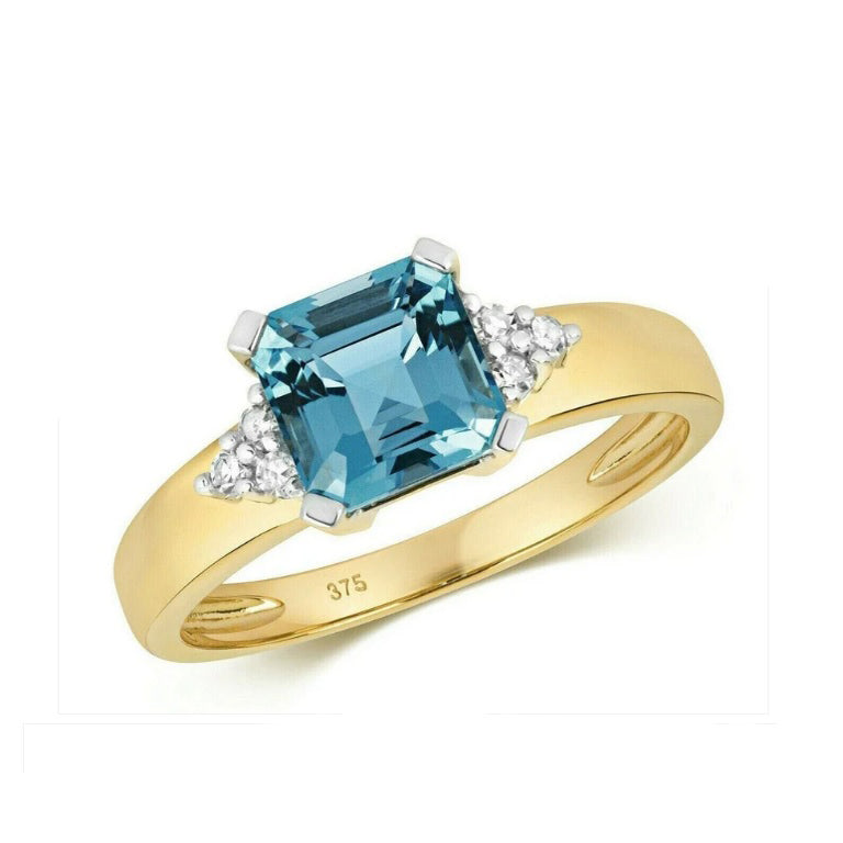 Real Blue Topaz and Diamond Ring Solid Yellow Gold Square Size J K L M N O P Q