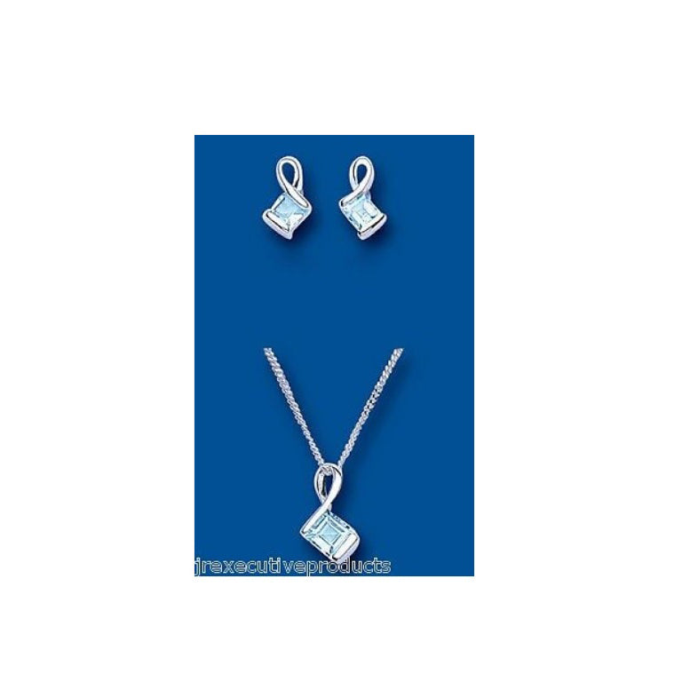 Blue Topaz Squares Pendant and Earrings Set Solid Silver