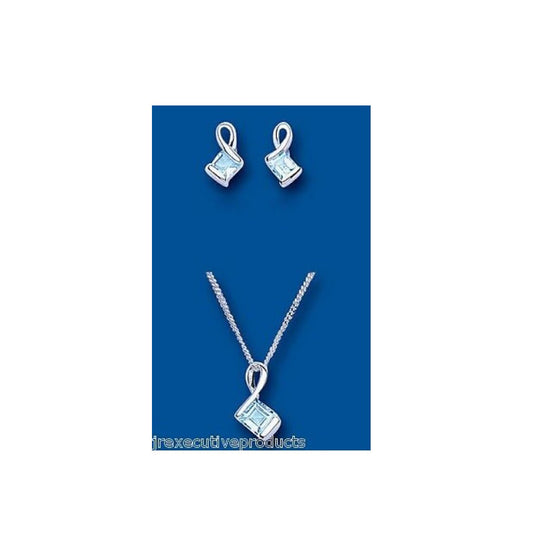 Blue Topaz Squares Pendant and Earrings Set Solid Silver