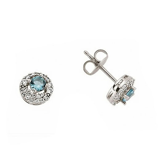 Blue Topaz Stud Earrings Solid Sterling Silver Rhodium Plate 925 Hallmark 7mm