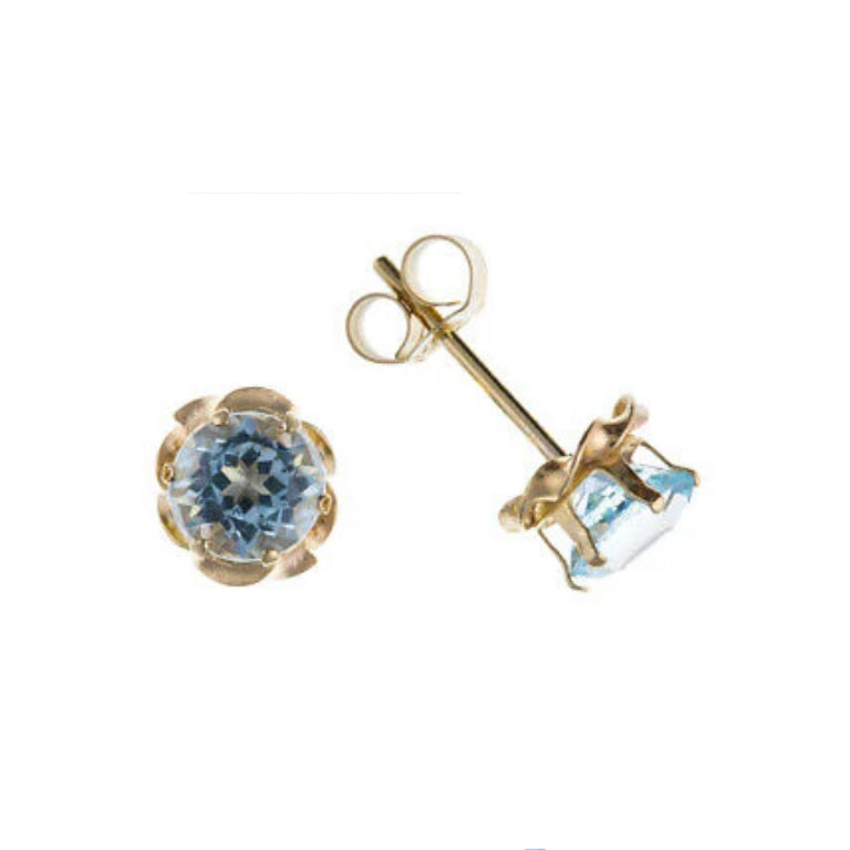 9ct Gold Blue Topaz Stud Earrings 6mm Solitaire Yellow Gold November Birthstone