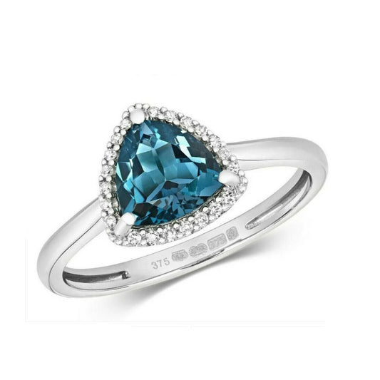Real London Blue Topaz and Diamond Ring Solid White Gold Trillion Triangle