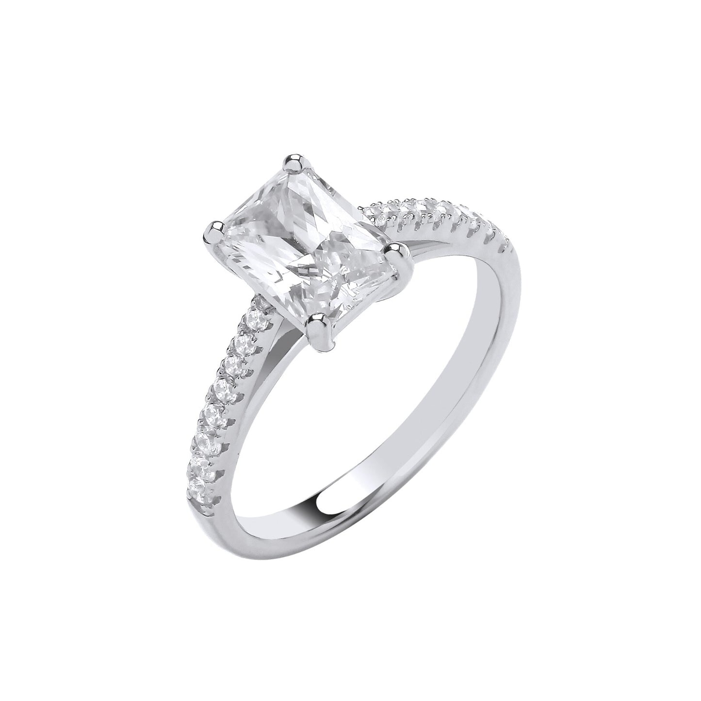sterling silver zircon solitaire ring with emerald cut centre stone and pave band