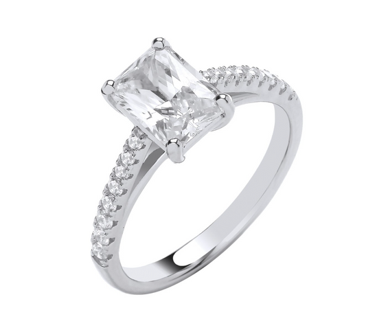 J R Jewellery sterling silver zircon solitaire ring with emerald cut centre stone and pave band