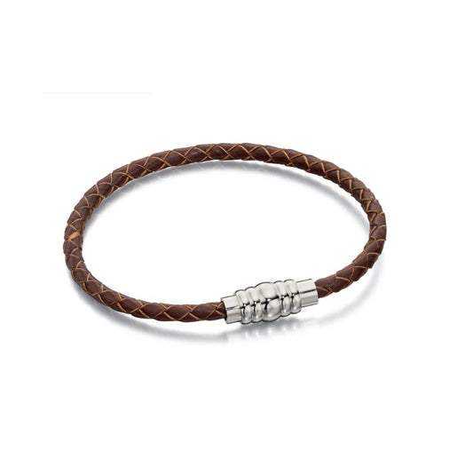 Fred Bennett Stainless Steel Skinny Brown Leather Magnetic Bracelet 21cm