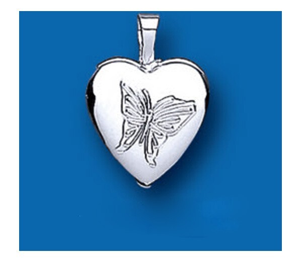 J R Jewellery Butterfly Small Heart Locket in polished silver with intricate butterfly design