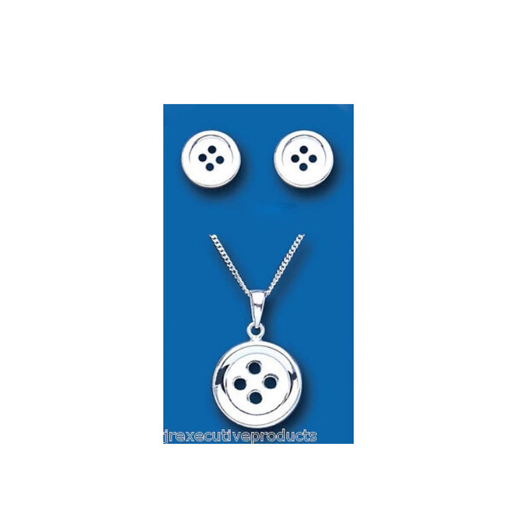 Solid Silver Pendant and Earrings Set Button Design