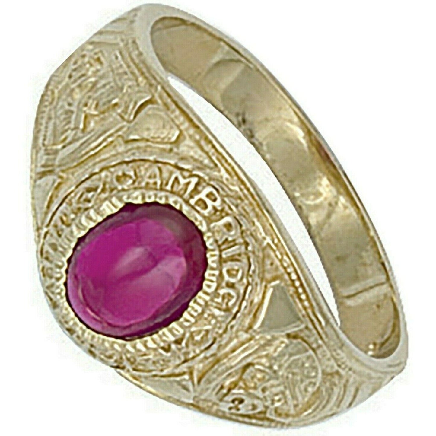 9ct yellow gold college ring with oval red gemstone and engraved Cambridge crest vintage style