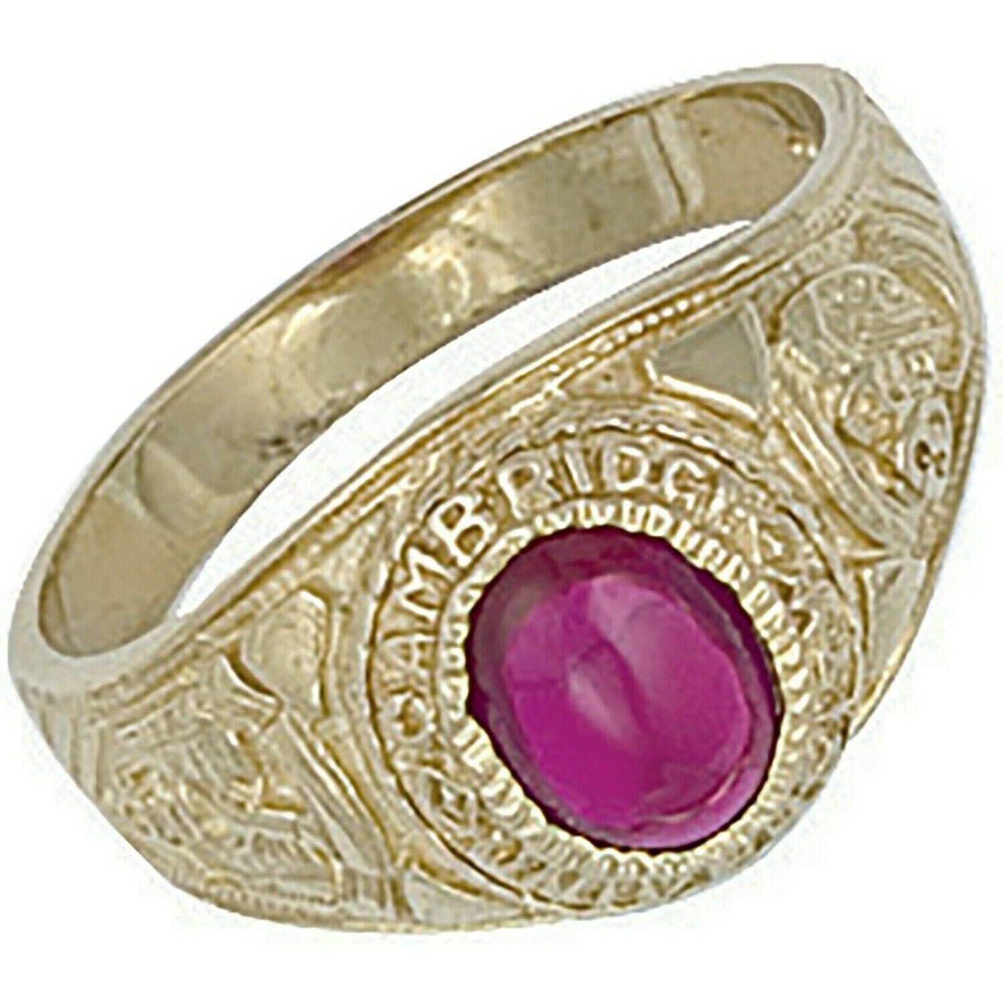 9ct yellow gold college ring with oval pink cabochon stone engraved Cambridge crest vintage style
