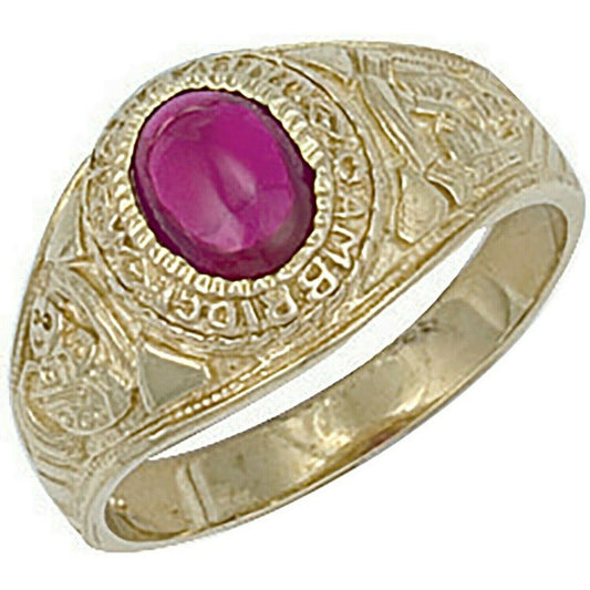 9ct yellow gold college ring with engraved details and round pink cabochon stone centre