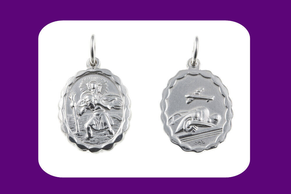 Sterling silver St Christopher pendant double sided oval scalloped medallion with polished finish and bail