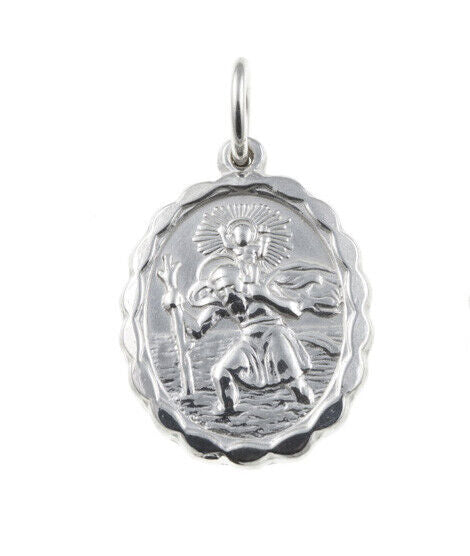 Sterling silver St Christopher pendant oval scalloped edge medal with detailed saint carrying child and jump ring