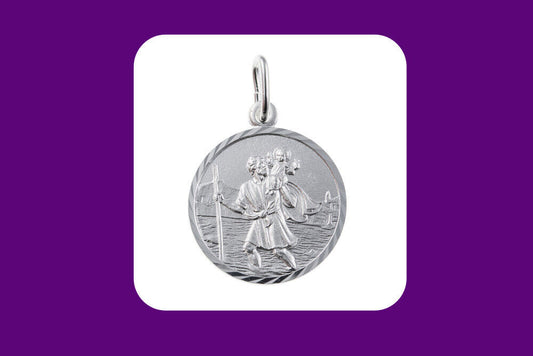 Sterling silver St Christopher pendant round engraved medal showing St Christopher carrying Christ across water