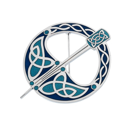 J R Jewellery blue Celtic brooch with intricate silver knotwork design and pin closure