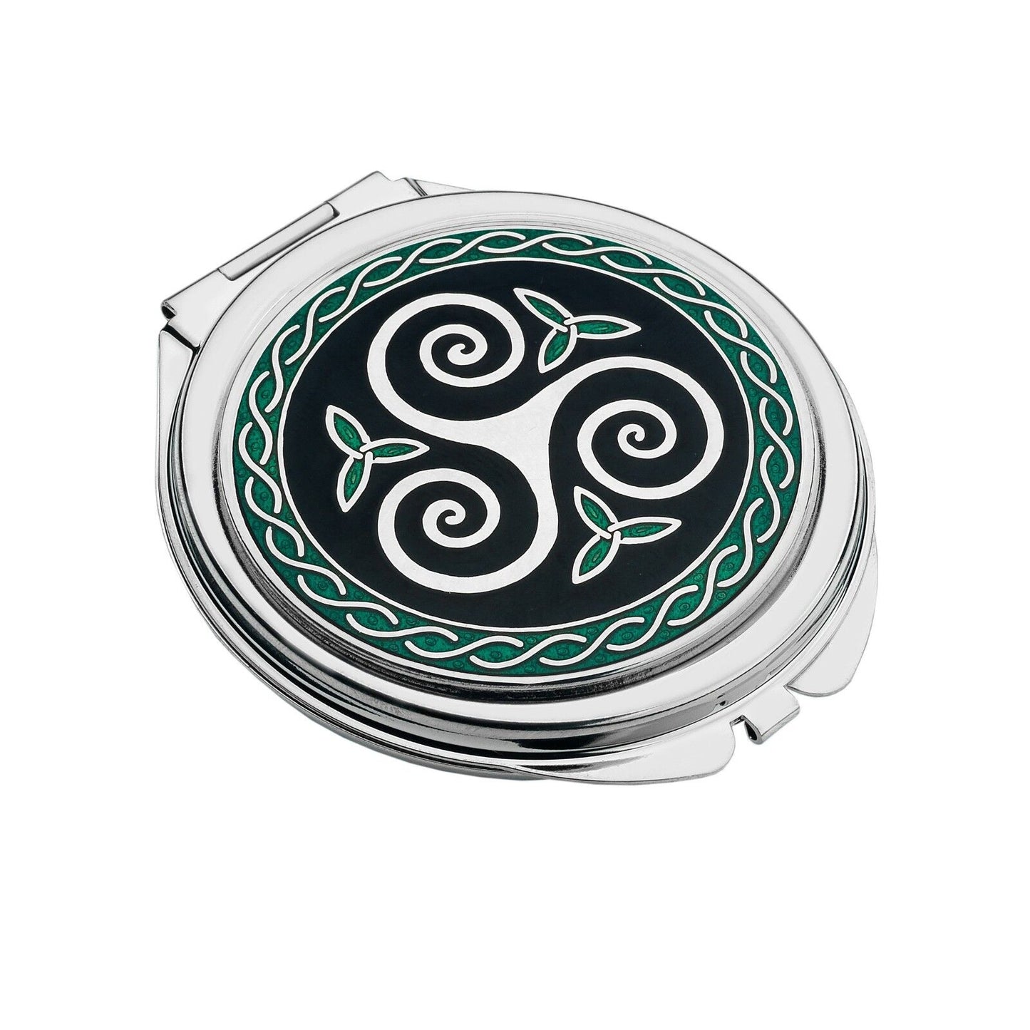 J R Jewellery celtic compact mirror silver plated with green enamel triskelion design pocket mirror