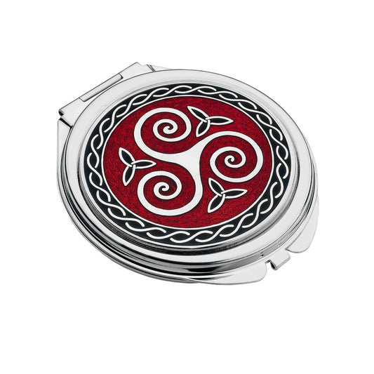 J R Jewellery celtic compact mirror silver plated round pocket mirror with red Celtic triskelion and knotwork