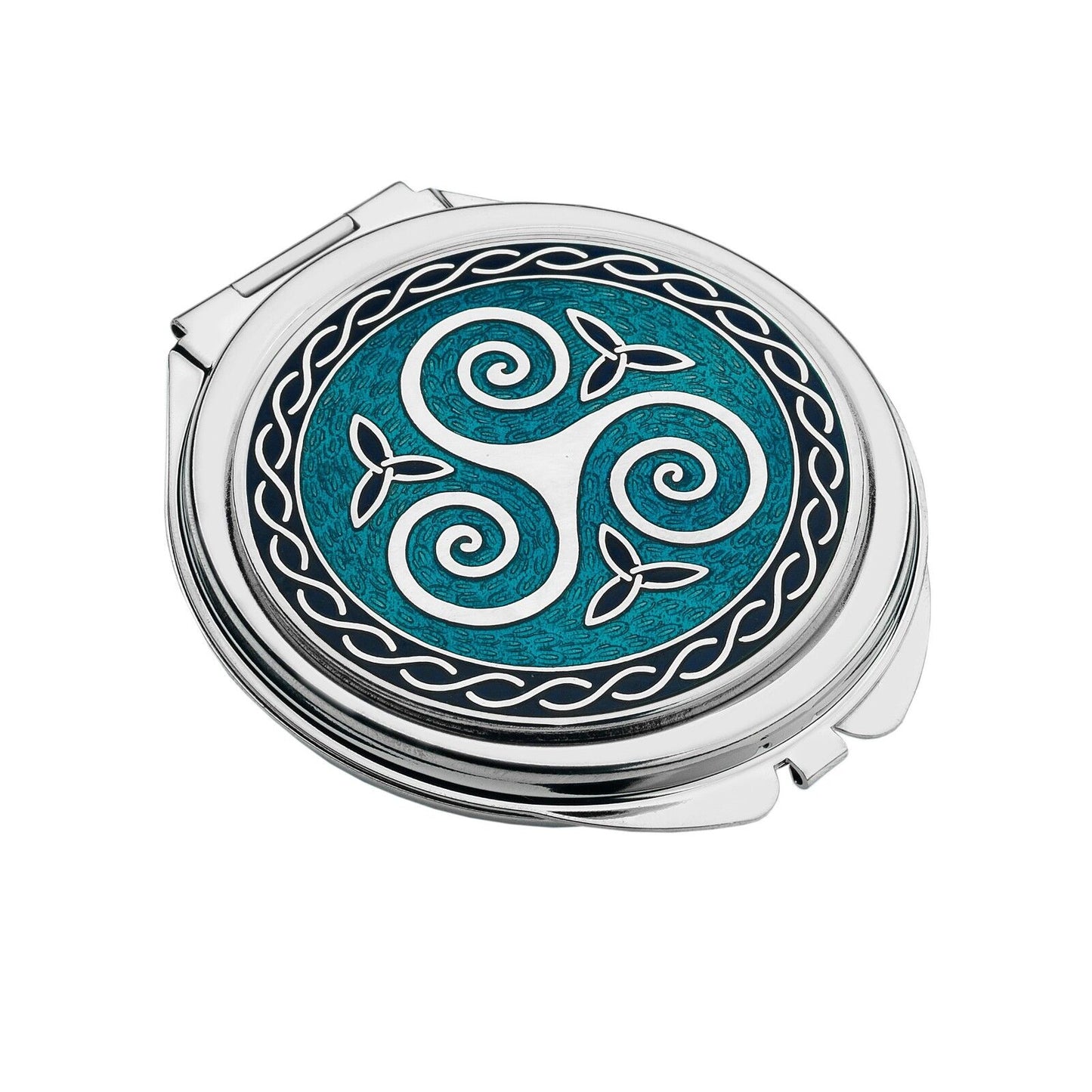 J R Jewellery celtic compact mirror silver plated with turquoise enamel triskelion and Celtic knot border compact handbag mirror