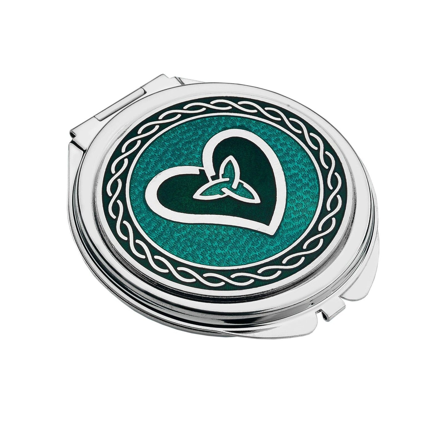 J R Jewellery heart design handbag mirror with teal background and silver intricate border