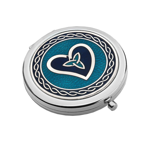 J R Jewellery silver compact heart design handbag mirror with blue and black Celtic heart pattern