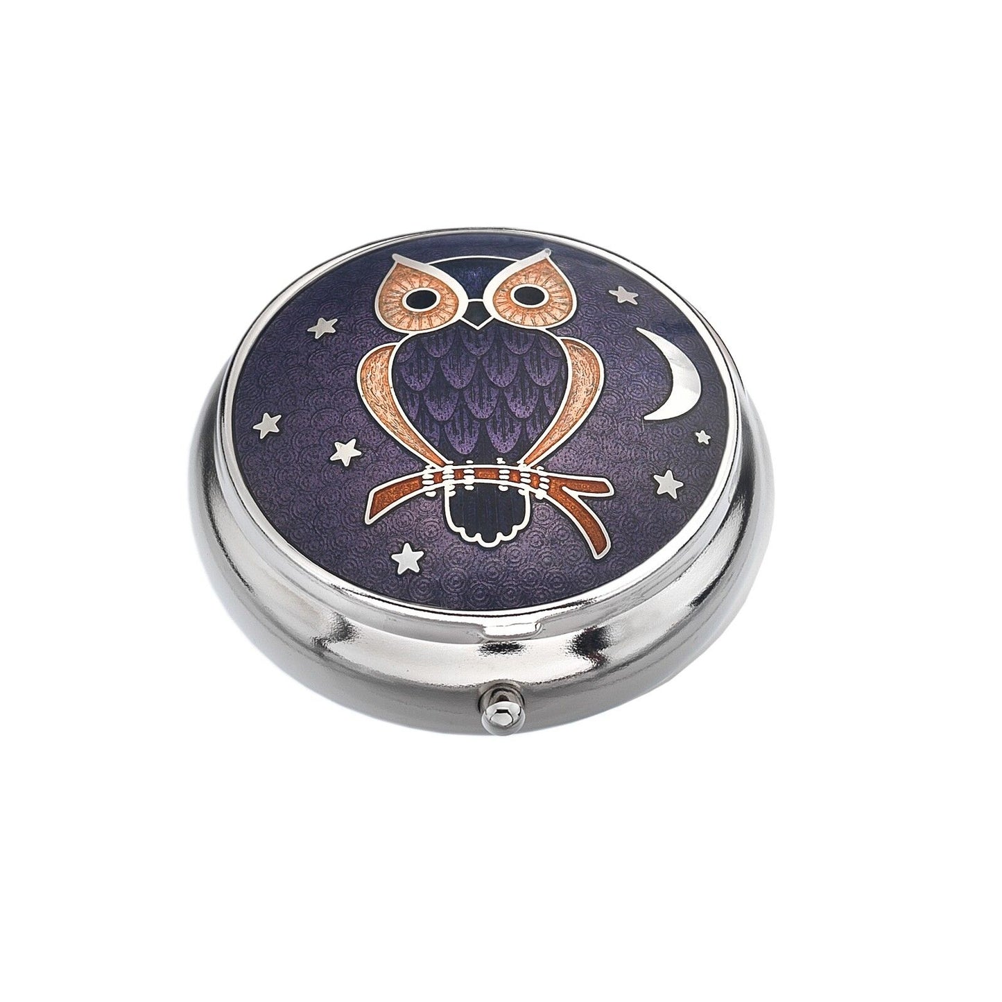 J R Jewellery silver owl pill box with purple enamel owl design moon and stars on round metal case