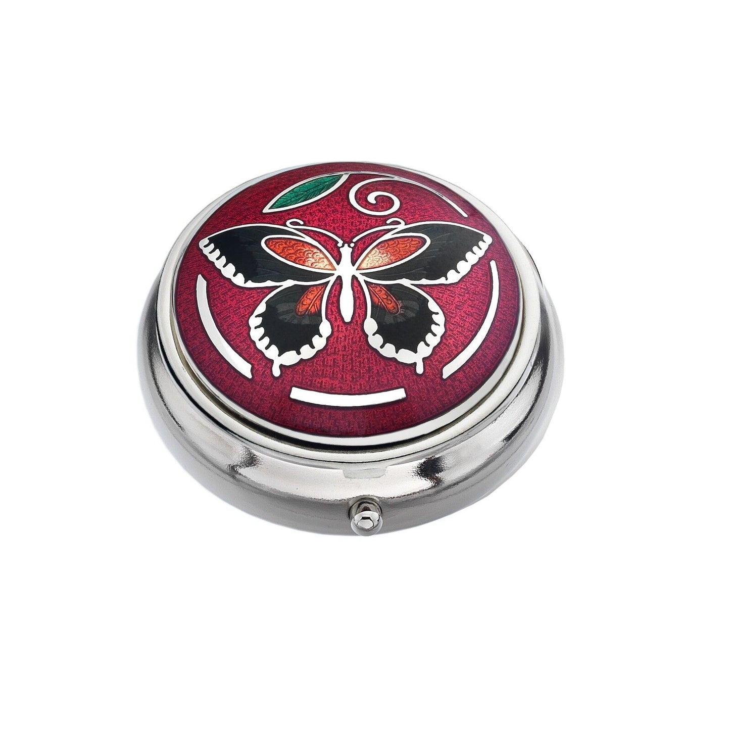 J R Jewellery silver plated butterfly pill box with red enamel top featuring black and orange butterfly and green leaf detail