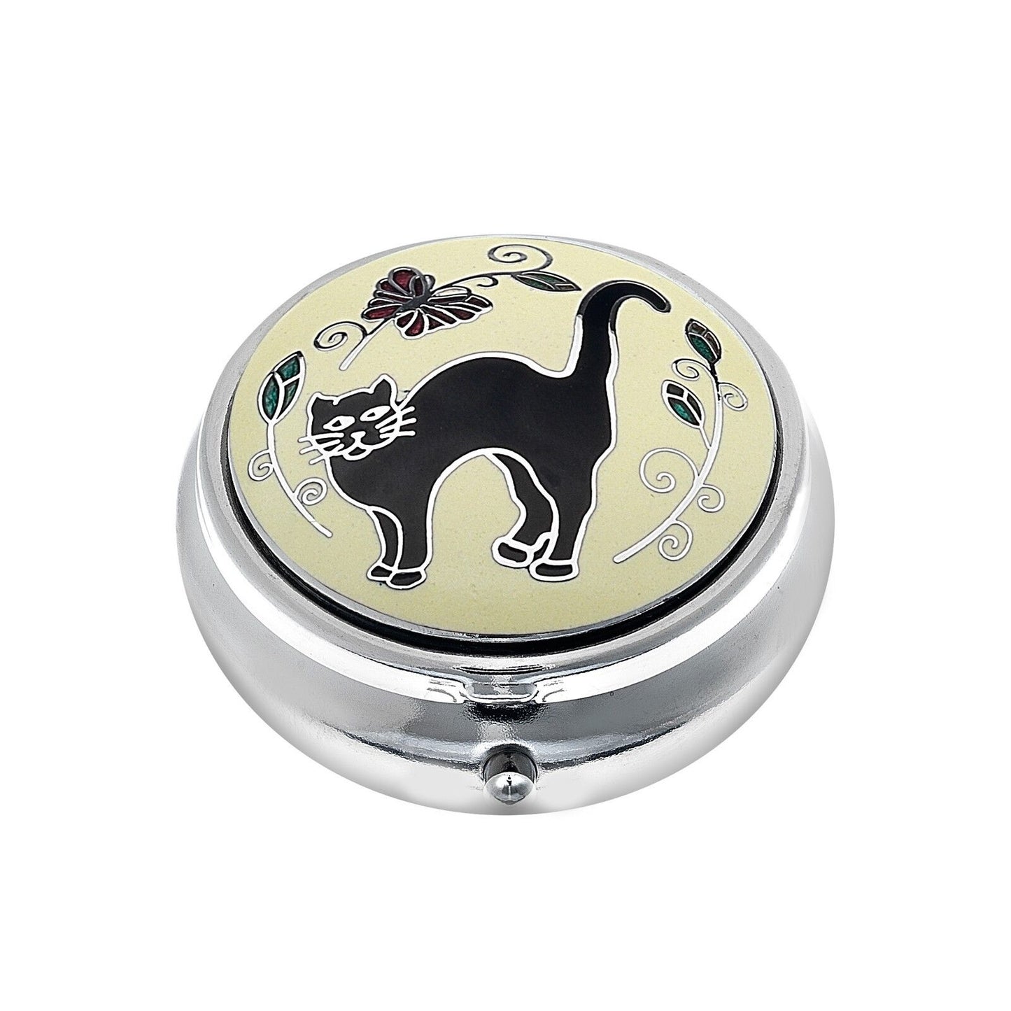 J R Jewellery silver plated cat pill box with black cat enamel design and floral accents on cream lid