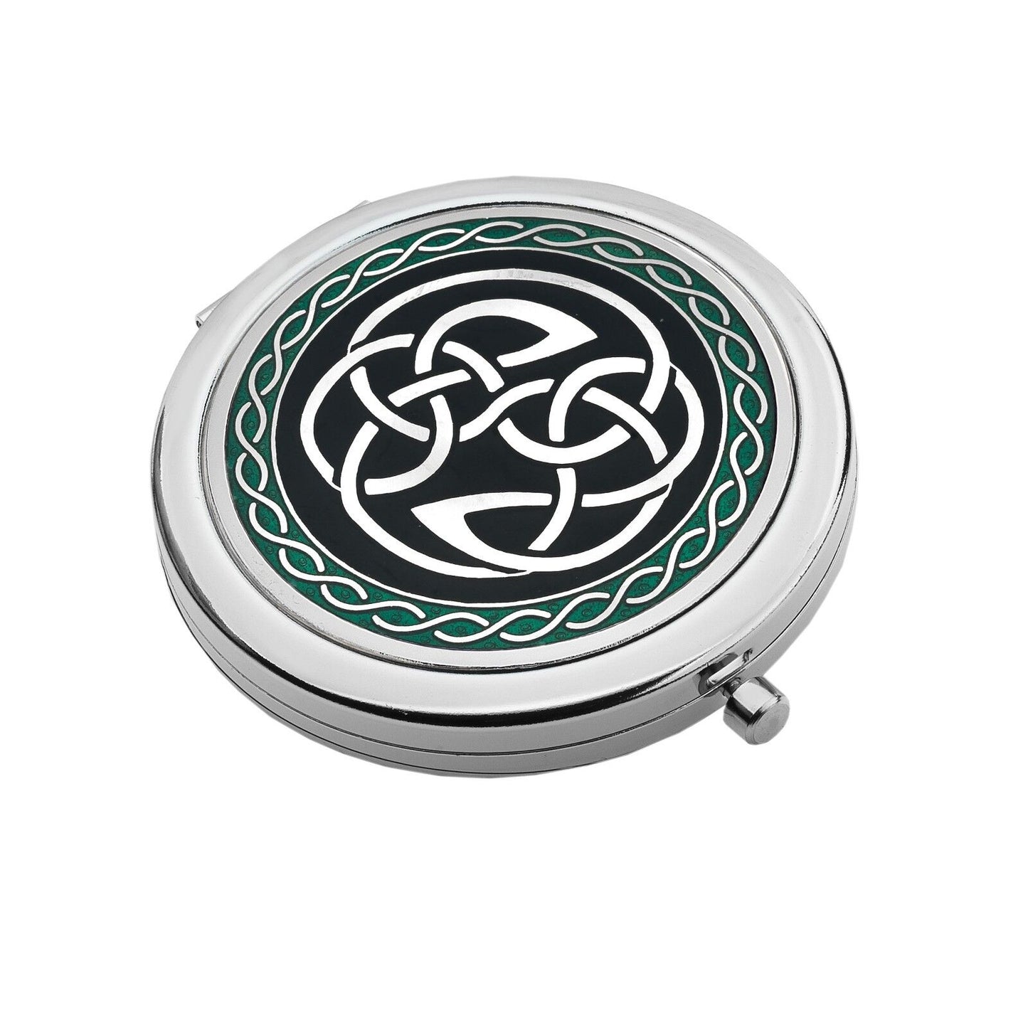 J R Jewellery silver plated Celtic knot compact mirror with green and black enamel detailing