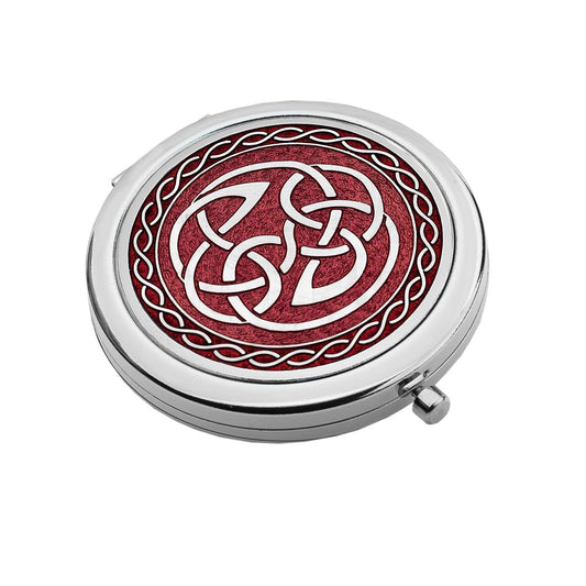 J R Jewellery silver plated Celtic knot compact mirror with red enamel centre and polished round case for handbag