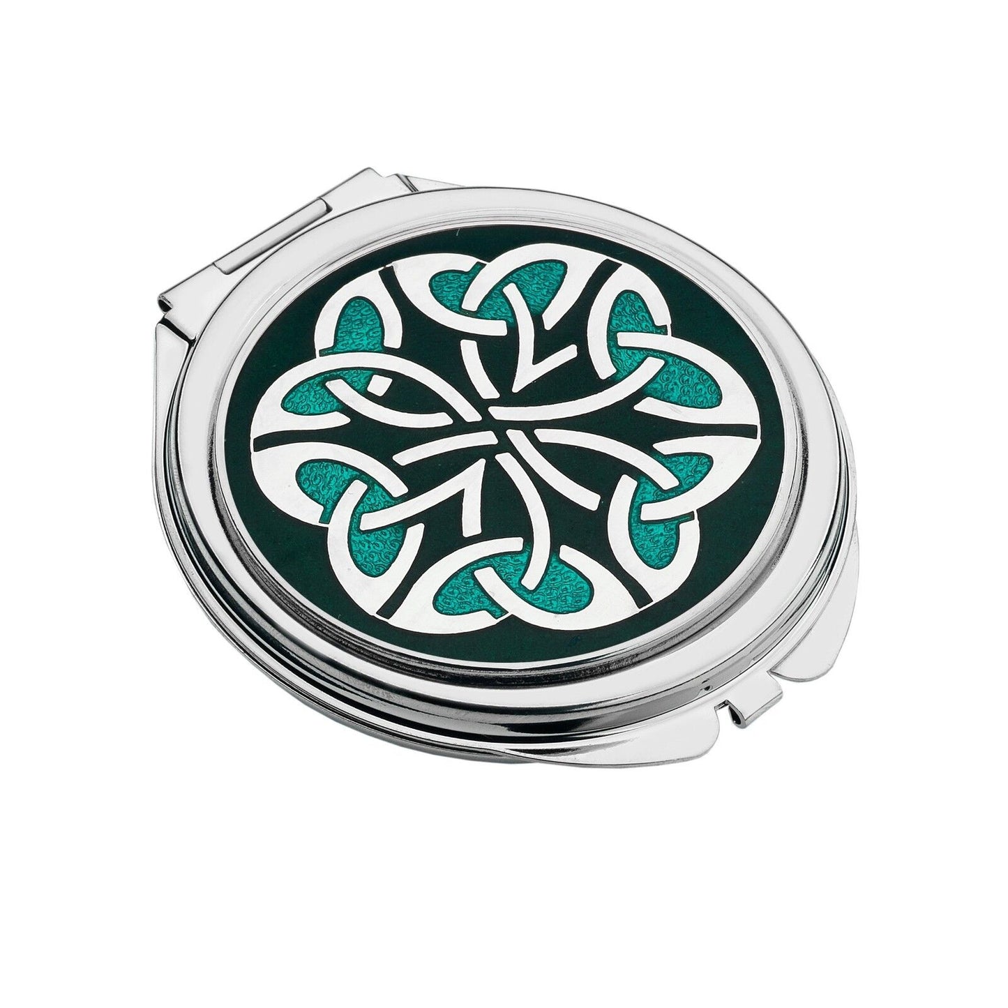 J R Jewellery silver plated compact mirror with teal enamel Celtic knot design on round polished case