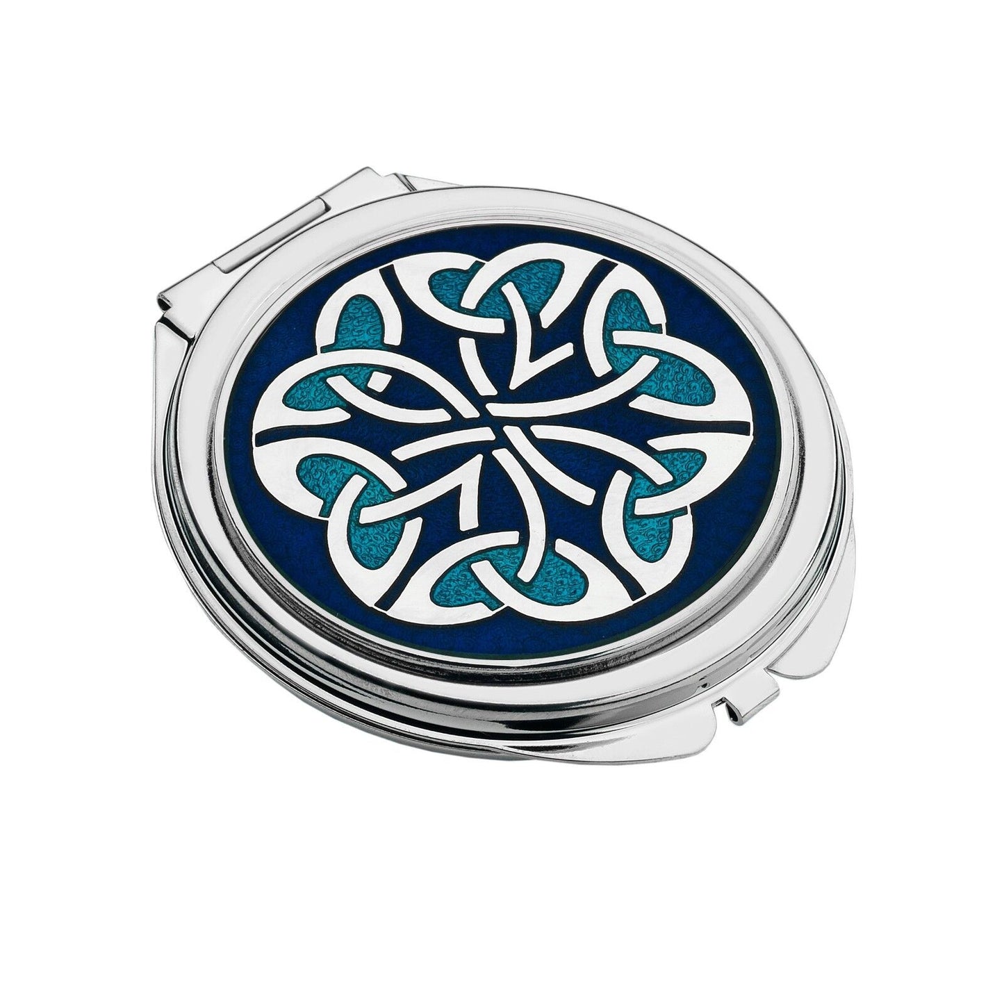 J R Jewellery silver plated compact mirror with blue enamel Celtic knot design and double sided mirrors