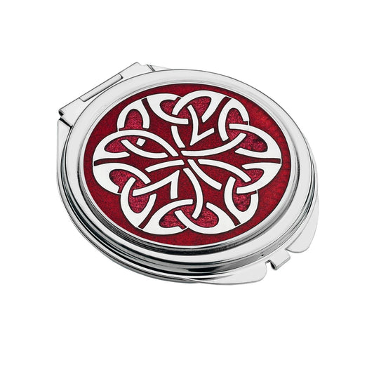 J R Jewellery silver plated compact mirror with red enamel Celtic knot design and polished round pocket mirror