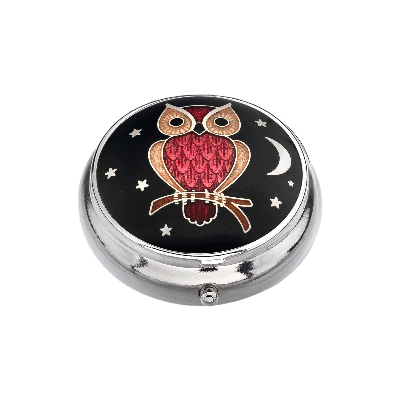 J R Jewellery silver plated owl pill box with red owl enamel design on black background for travel