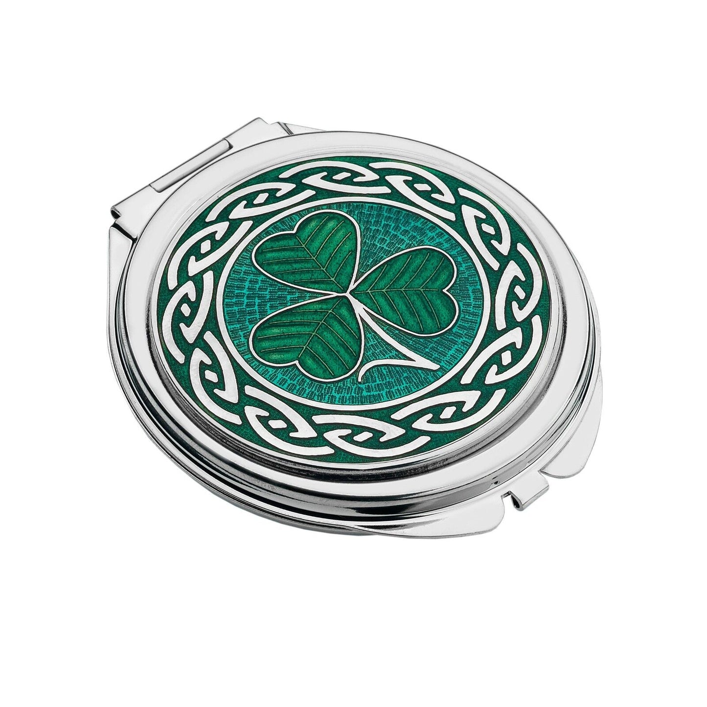 J R Jewellery silver plated shamrock compact mirror with green enamel Celtic knot design
