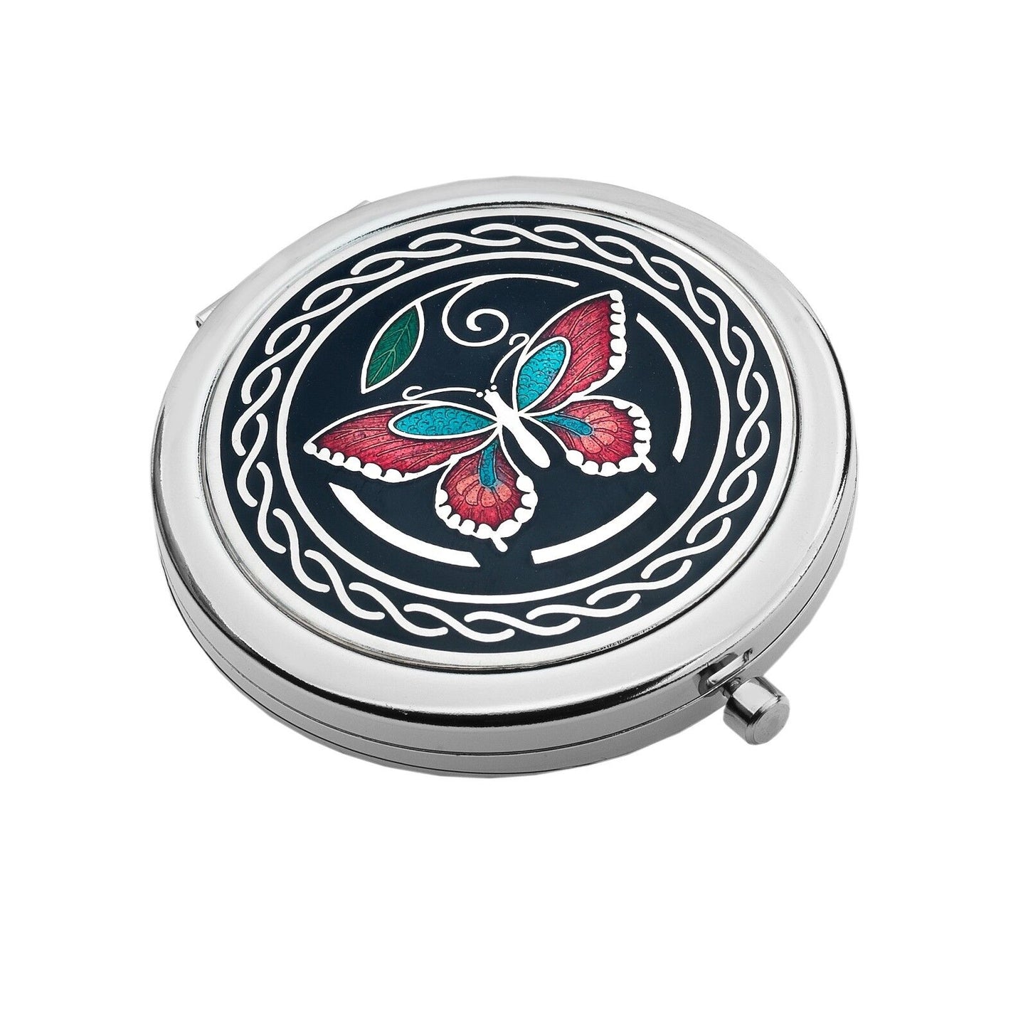 J R Jewellery silver plated butterfly compact mirror with enamelled red and turquoise butterfly on black background