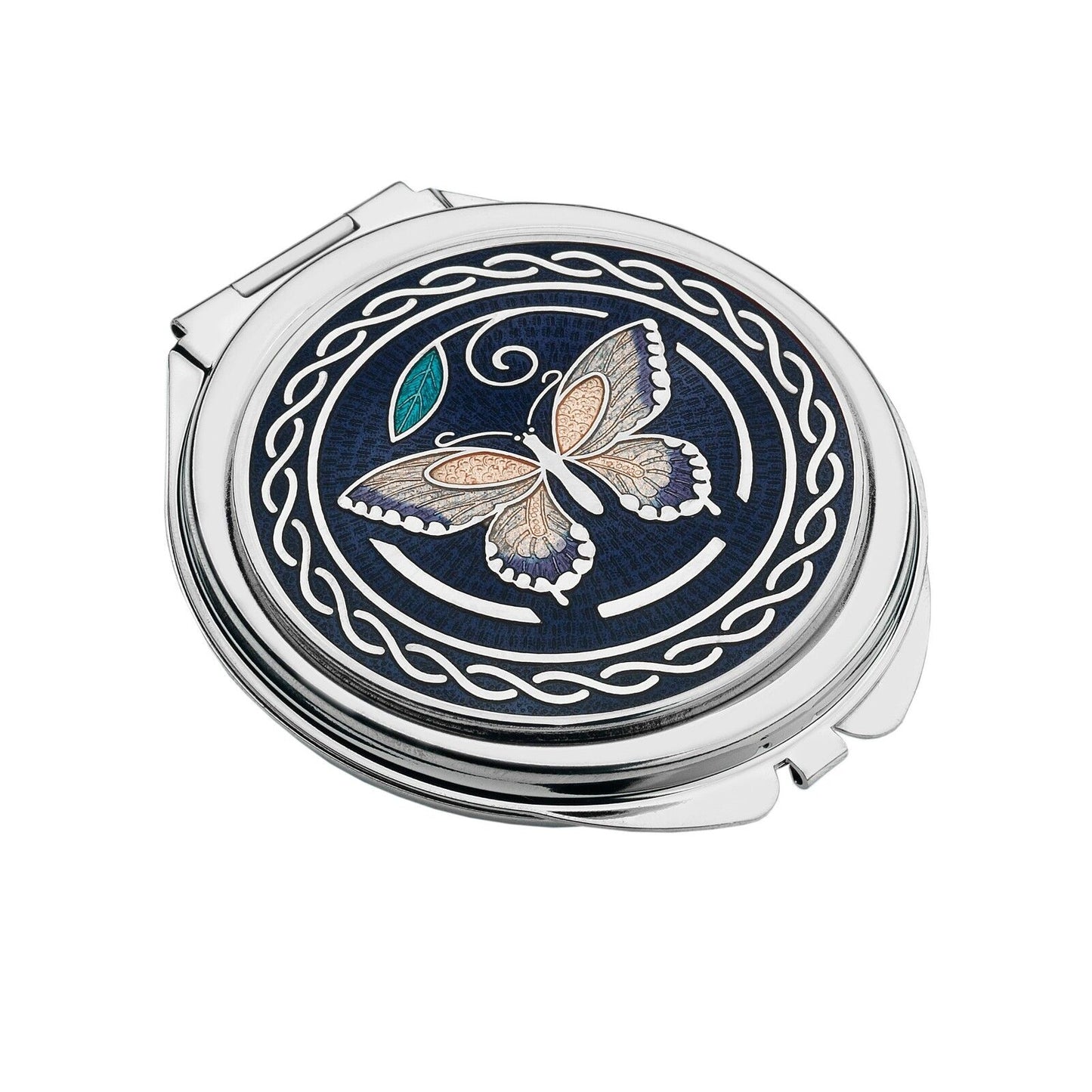 J R Jewellery silver plated butterfly compact mirror with blue enamel background and decorative border