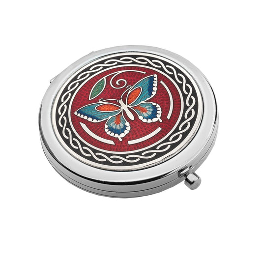 silver plated butterfly compact mirror by J R Jewellery with colourful enamel butterfly on red patterned lid
