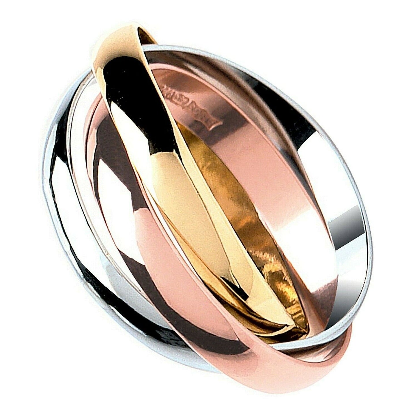 Chunky Russian wedding ring by J R Jewellery featuring interlocking bands in gold, rose gold and silver
