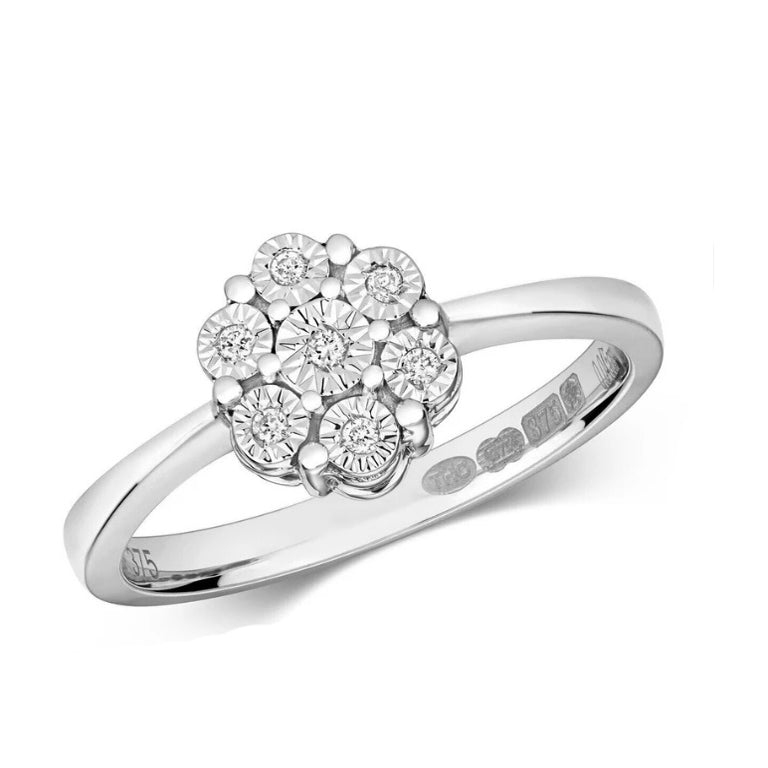 9ct White Gold Diamond Ring Cluster Engagement Anniversary Size J K L M N O P Q