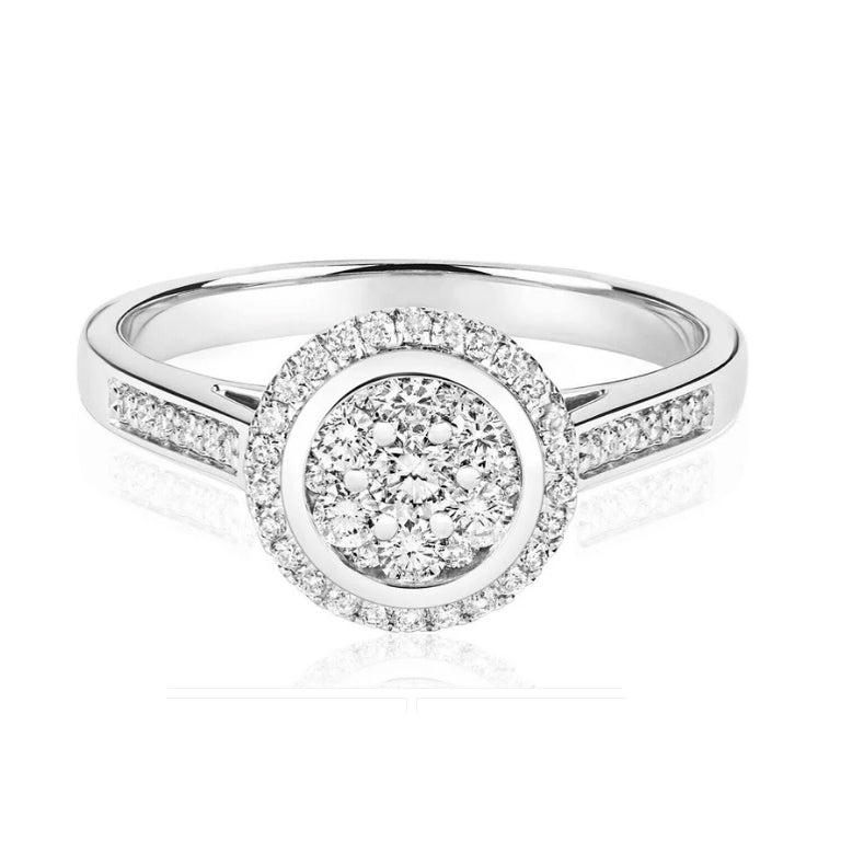 Real Diamond Halo Engagement Ring 9ct White Gold Round Cluster 0.33 Carat Weight