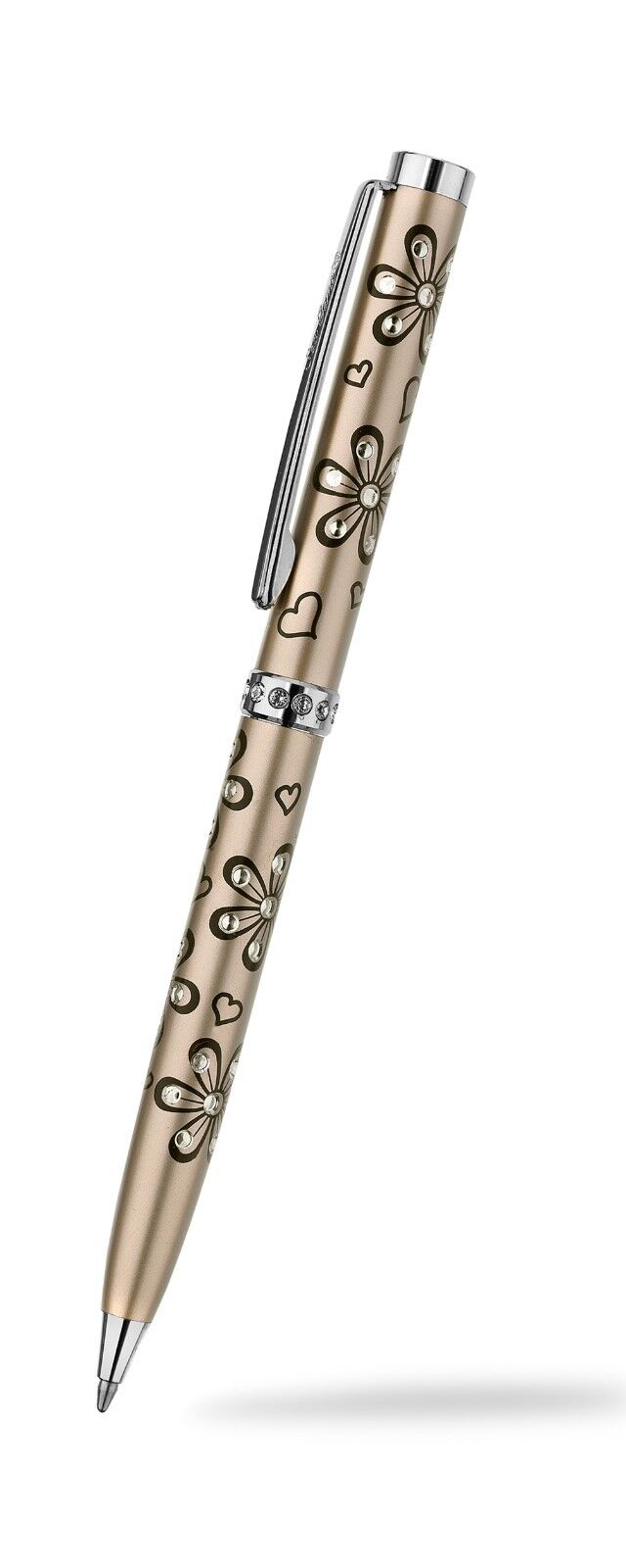 J R Jewellery crystal flower ballpoint pen with gold finish and decorative floral and heart designs