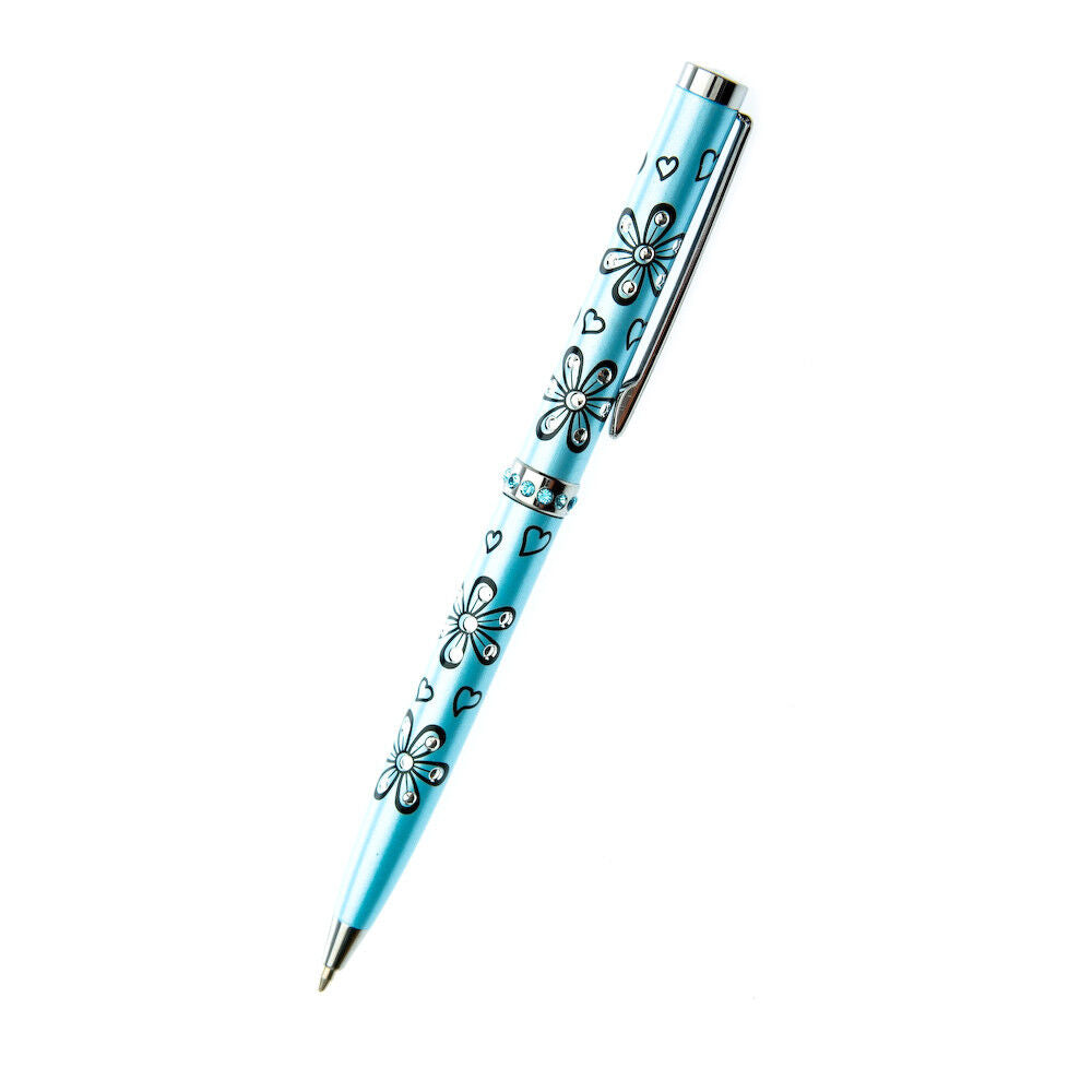 J R Jewellery crystal flower ballpoint pen in blue with silver floral and heart designs