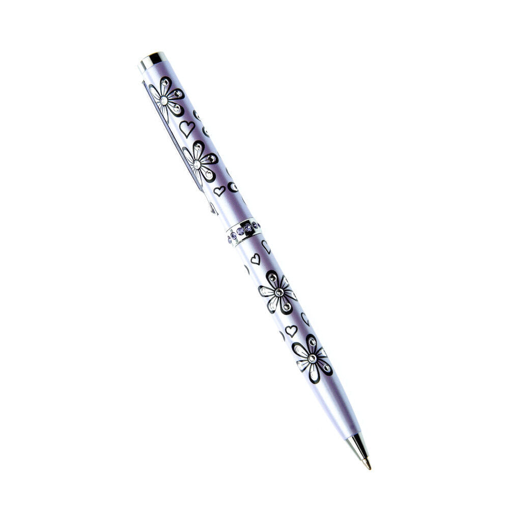 Elegant crystal flower ballpoint pen in silver with floral and heart design by J R Jewellery